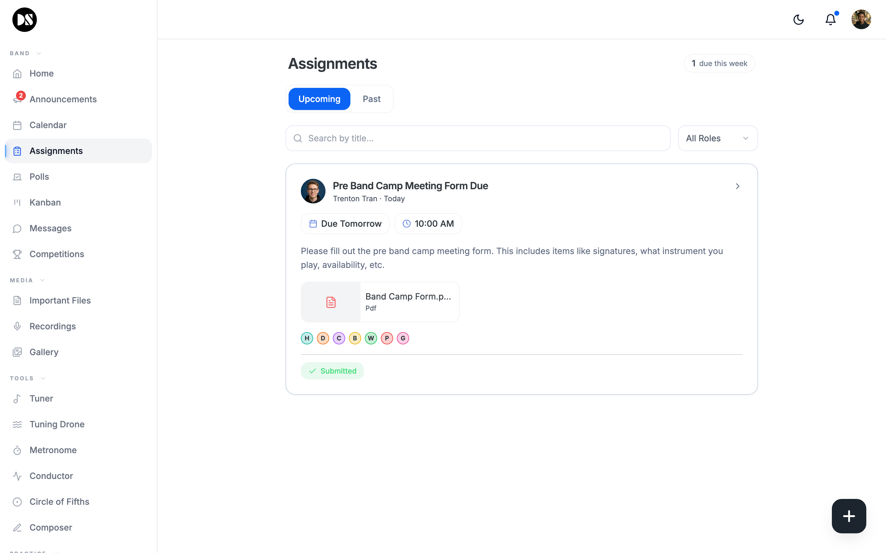 Assignments — post, submit, track completion
