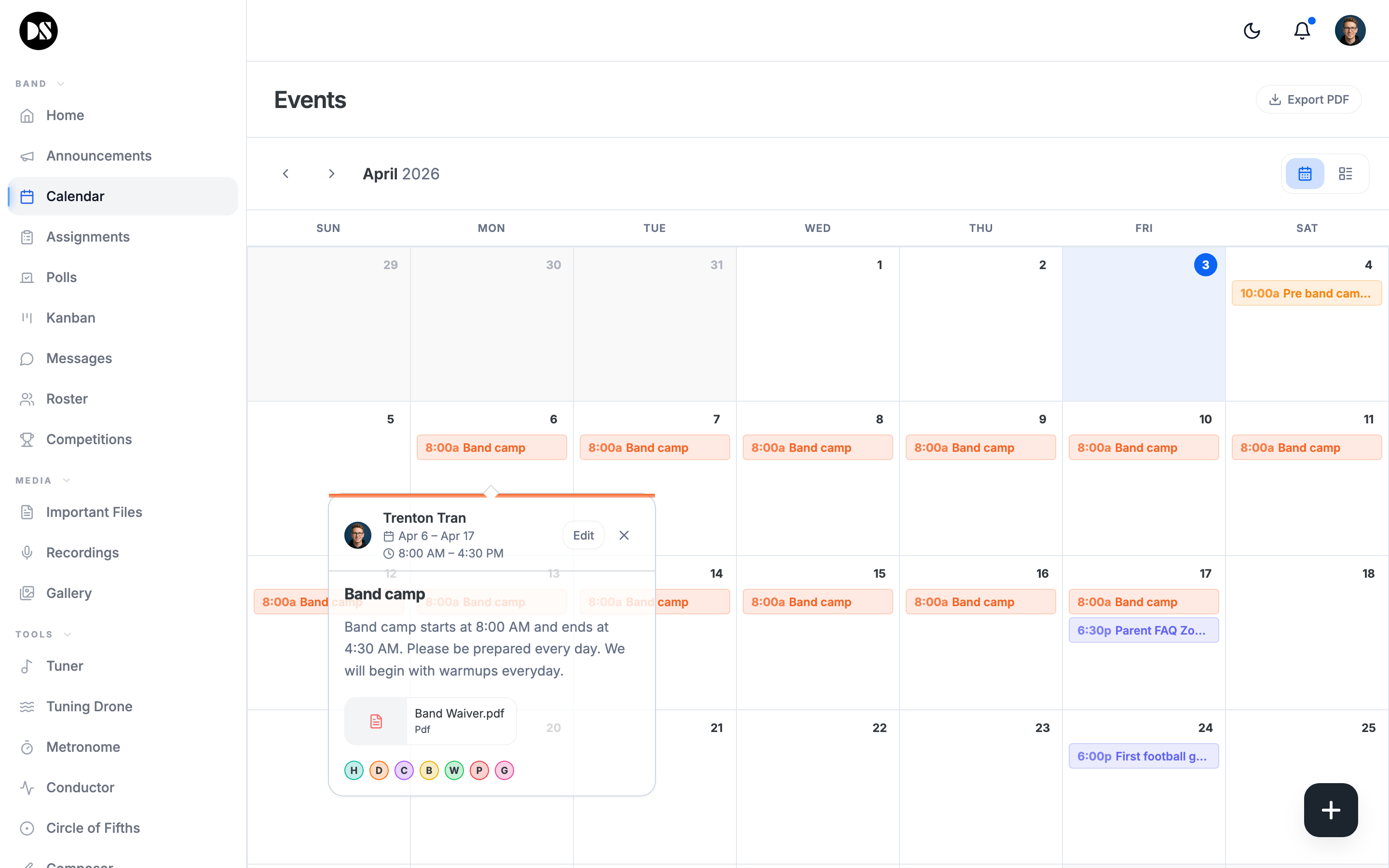 Calendar — every rehearsal, sectional & performance